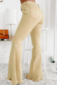 Thumbnail for Khaki Raw Edge Mid Waist Flared Jeans-1