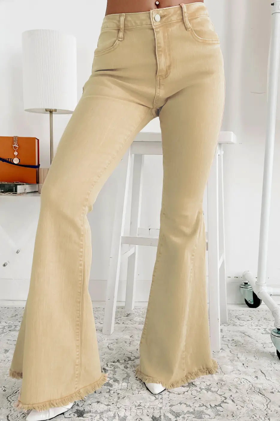 Khaki Raw Edge Mid Waist Flared Jeans-3