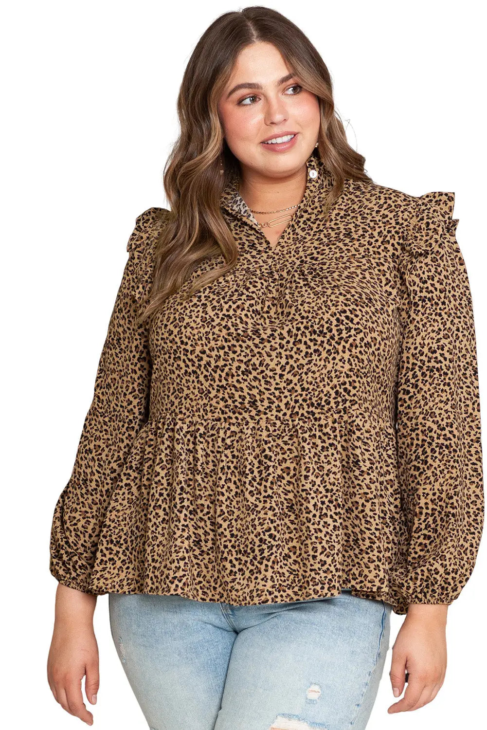 Leopard Frilled Shoulder Decor Plus Size Babydoll Top-6