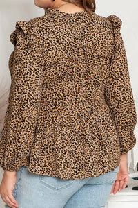 Thumbnail for Leopard Frilled Shoulder Decor Plus Size Babydoll Top-1