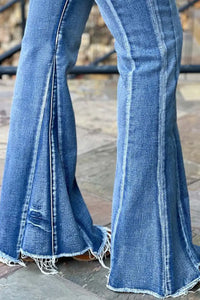 Thumbnail for Light Blue Acid Wash Raw Hem Flared Jeans-3