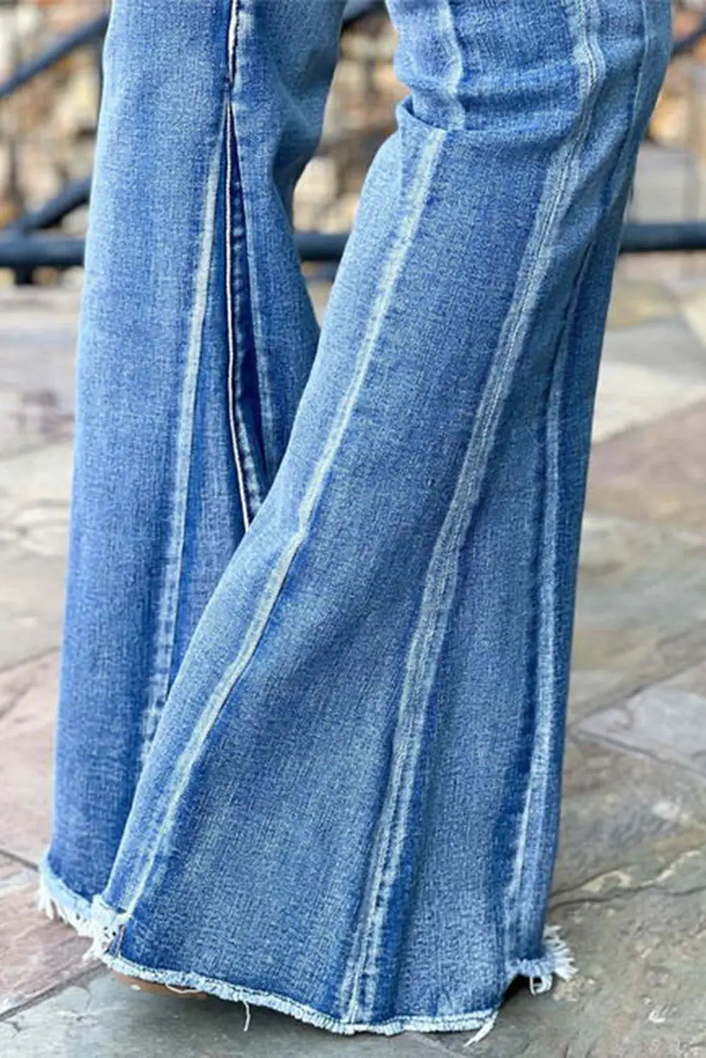 Light Blue Acid Wash Raw Hem Flared Jeans-4