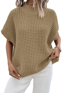 Thumbnail for Light French Beige High Neck Short Batwing Sleeve Textured Knit Sweater-5