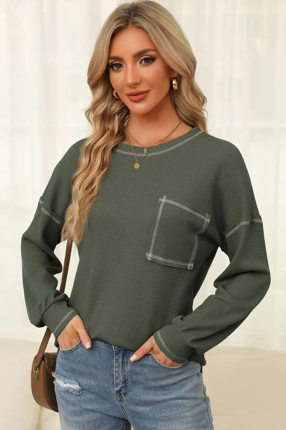 Mist Green Contrast Exposed Stitching Waffle Knit Blouse-0