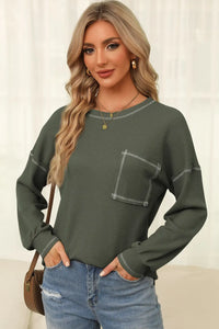 Thumbnail for Mist Green Contrast Exposed Stitching Waffle Knit Blouse-0