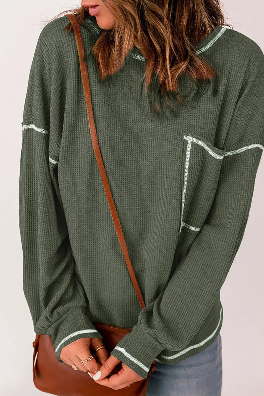 Mist Green Contrast Exposed Stitching Waffle Knit Blouse-8