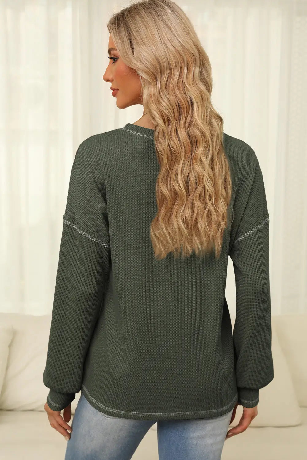 Mist Green Contrast Exposed Stitching Waffle Knit Blouse-1
