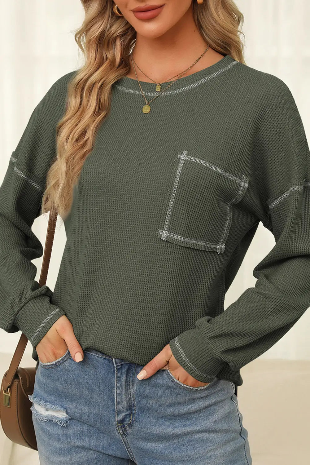 Mist Green Contrast Exposed Stitching Waffle Knit Blouse-5