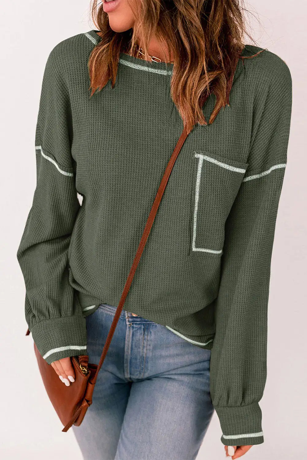 Mist Green Contrast Exposed Stitching Waffle Knit Blouse-6