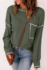 Thumbnail for Mist Green Contrast Exposed Stitching Waffle Knit Blouse-6