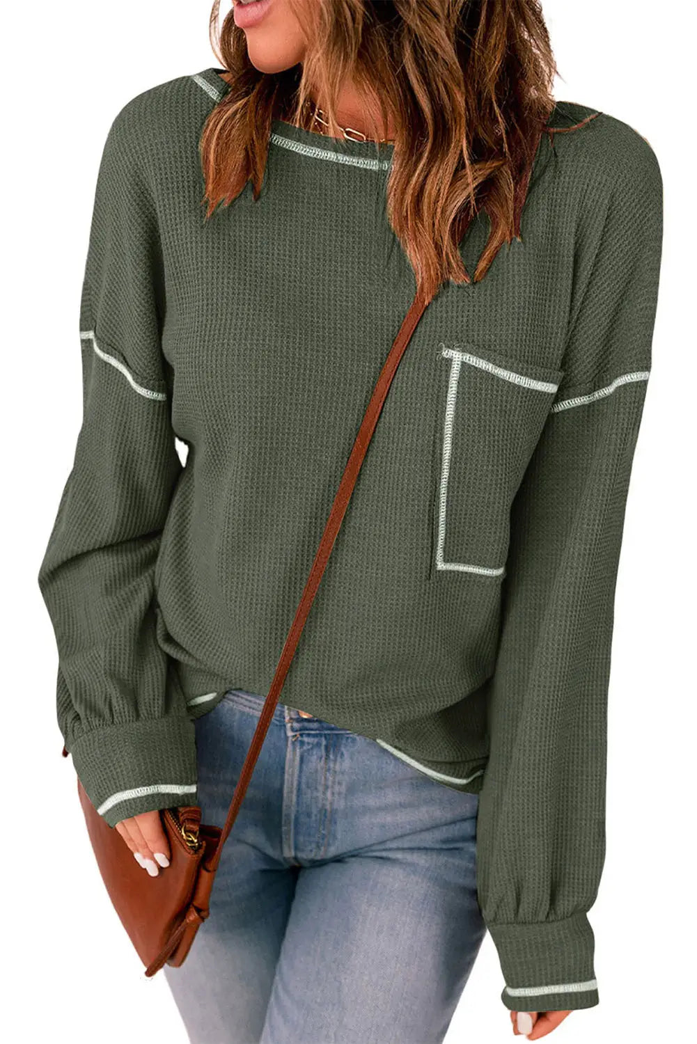 Mist Green Contrast Exposed Stitching Waffle Knit Blouse-10