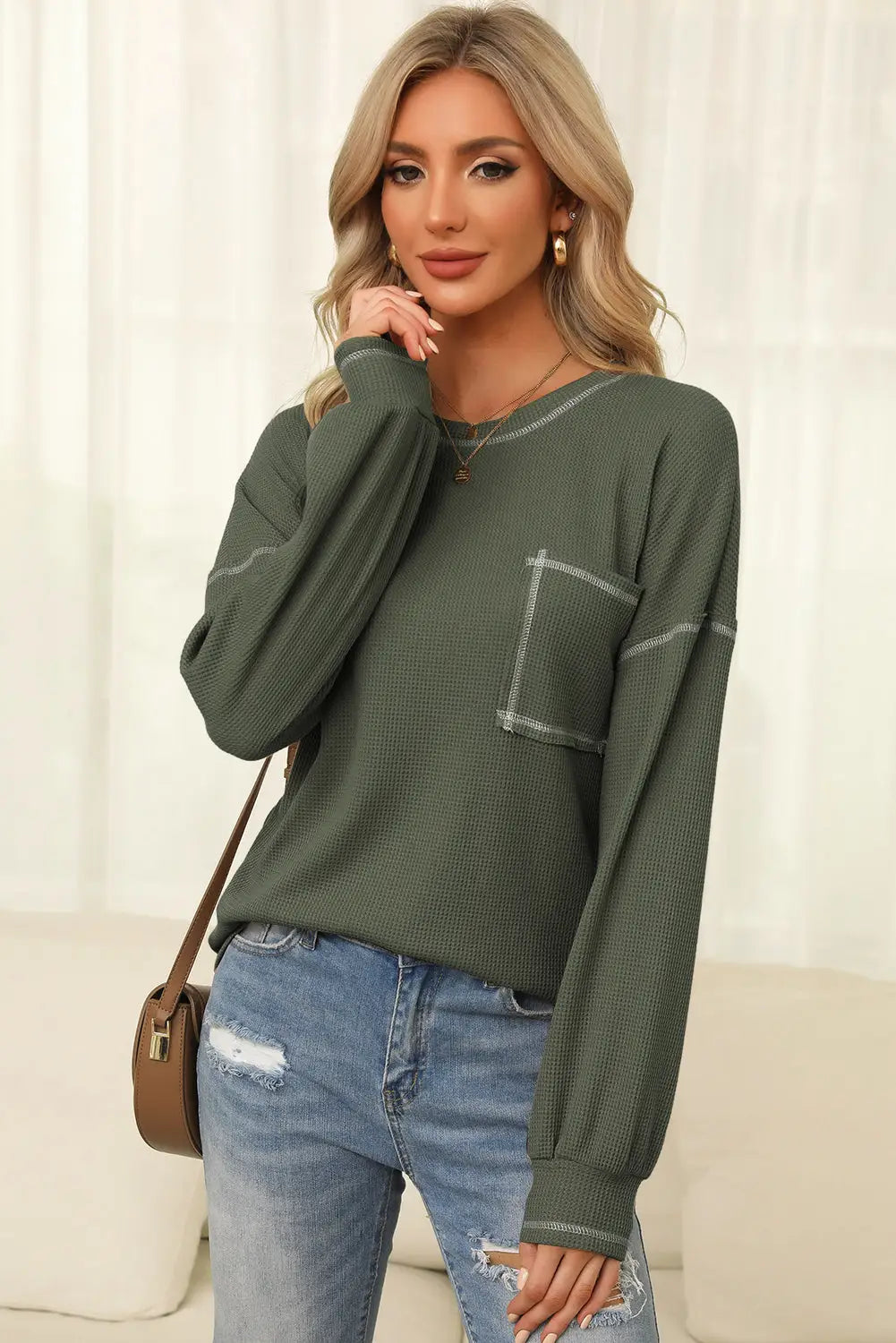 Mist Green Contrast Exposed Stitching Waffle Knit Blouse-3