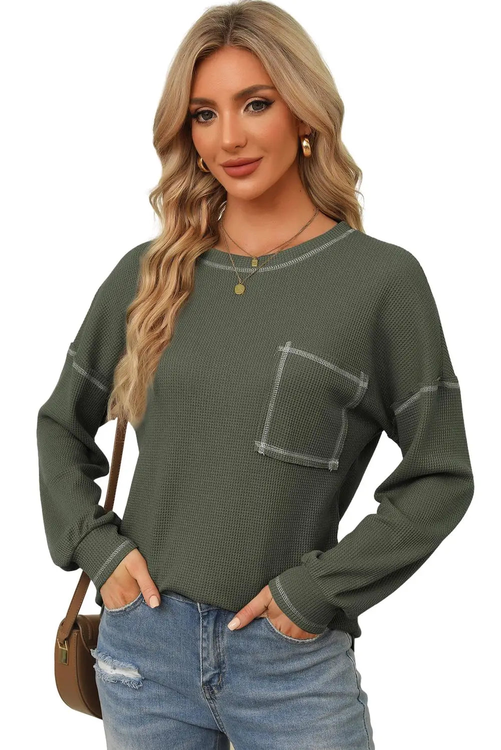 Mist Green Contrast Exposed Stitching Waffle Knit Blouse-9