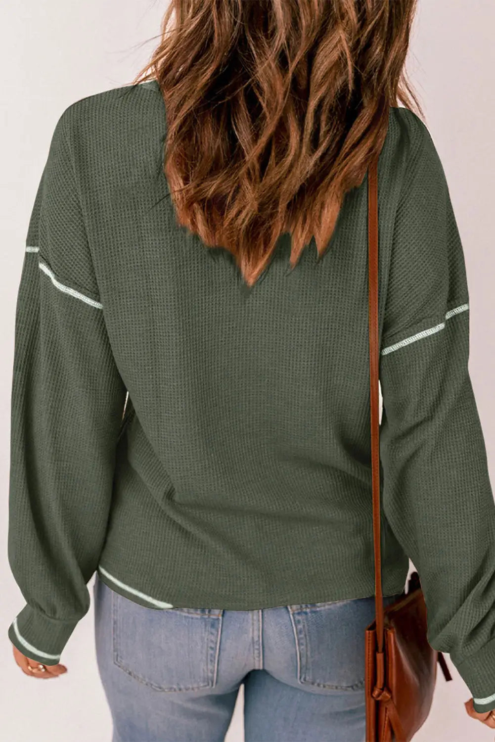 Mist Green Contrast Exposed Stitching Waffle Knit Blouse-7