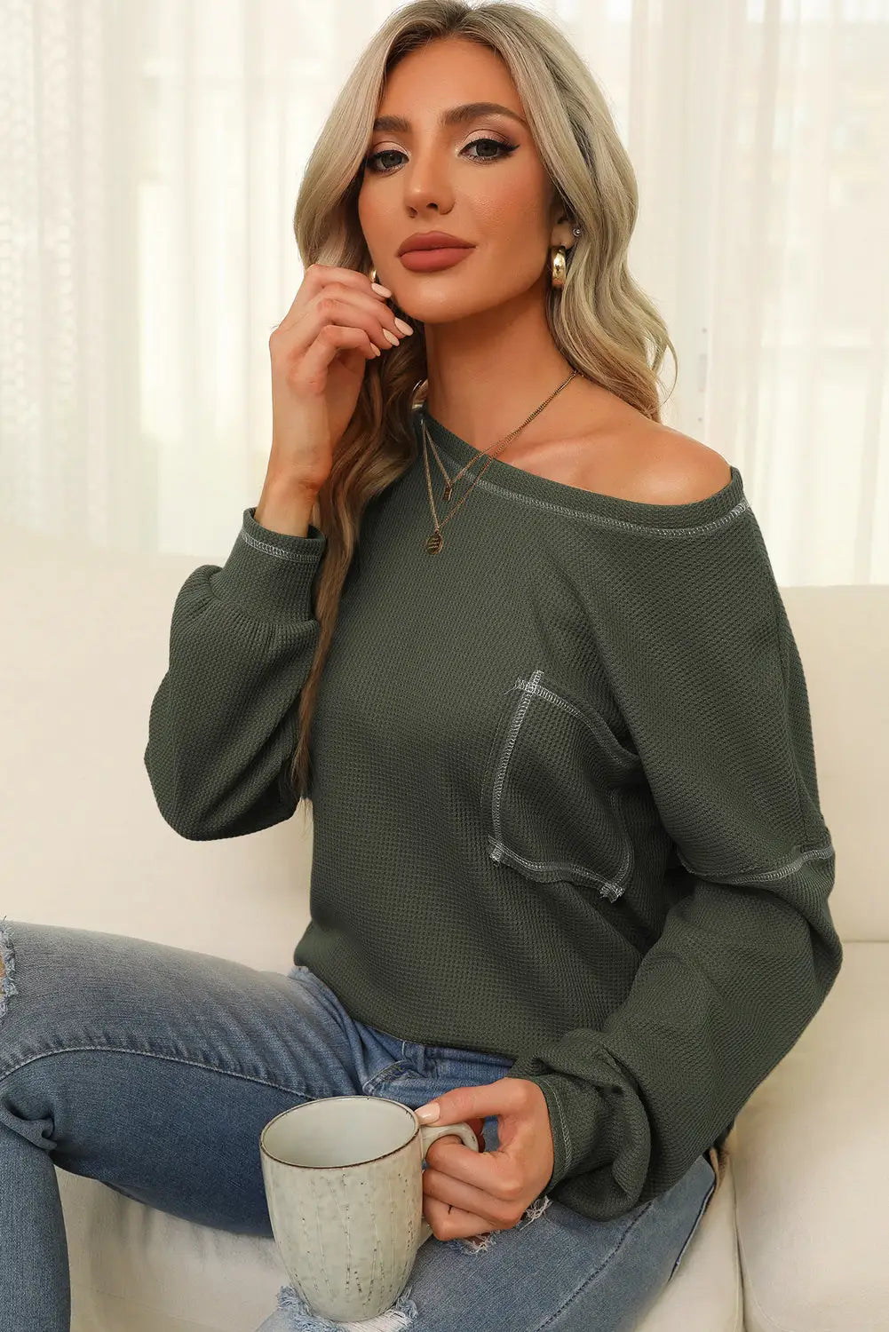 Mist Green Contrast Exposed Stitching Waffle Knit Blouse-2