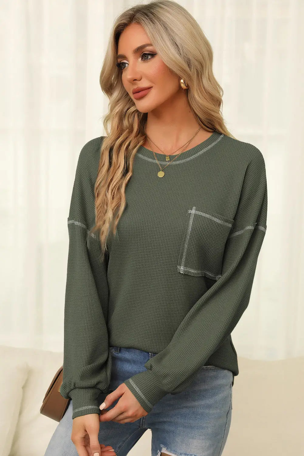 Mist Green Contrast Exposed Stitching Waffle Knit Blouse-4