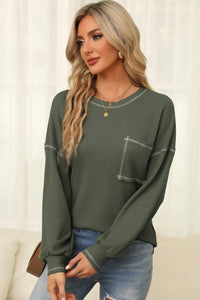 Thumbnail for Mist Green Contrast Exposed Stitching Waffle Knit Blouse-4