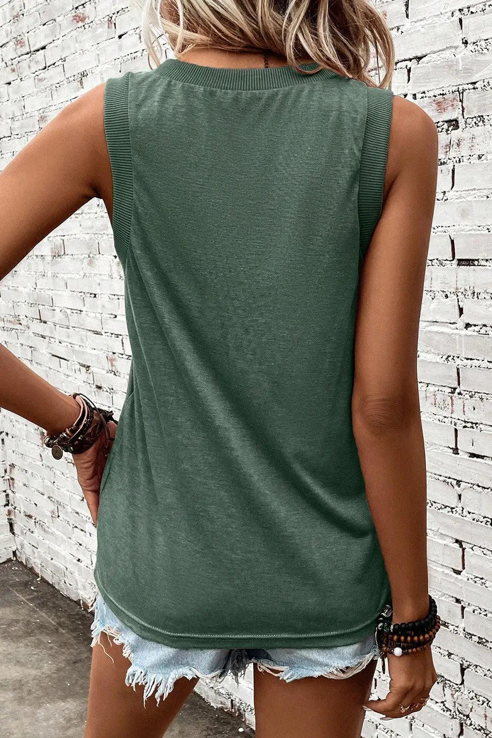 Mist Green Ribbed V Neck Tank-1