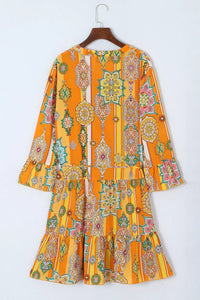 Thumbnail for Orange Boho Geometric Print Buttoned V Neck Mini Dress-7