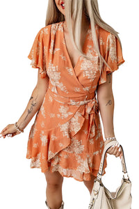 Thumbnail for Orange Wrapped V Neck Flutter Sleeve Floral Dress with Ruffle-4
