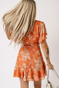 Thumbnail for Orange Wrapped V Neck Flutter Sleeve Floral Dress with Ruffle-1