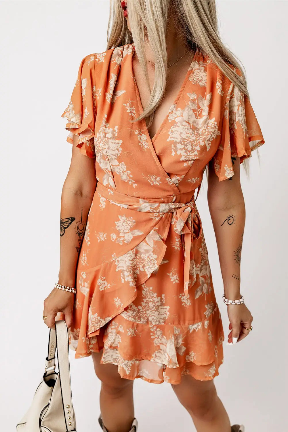Orange Wrapped V Neck Flutter Sleeve Floral Dress with Ruffle-3