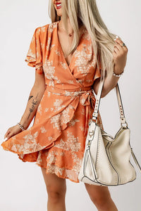 Thumbnail for Orange Wrapped V Neck Flutter Sleeve Floral Dress with Ruffle-2