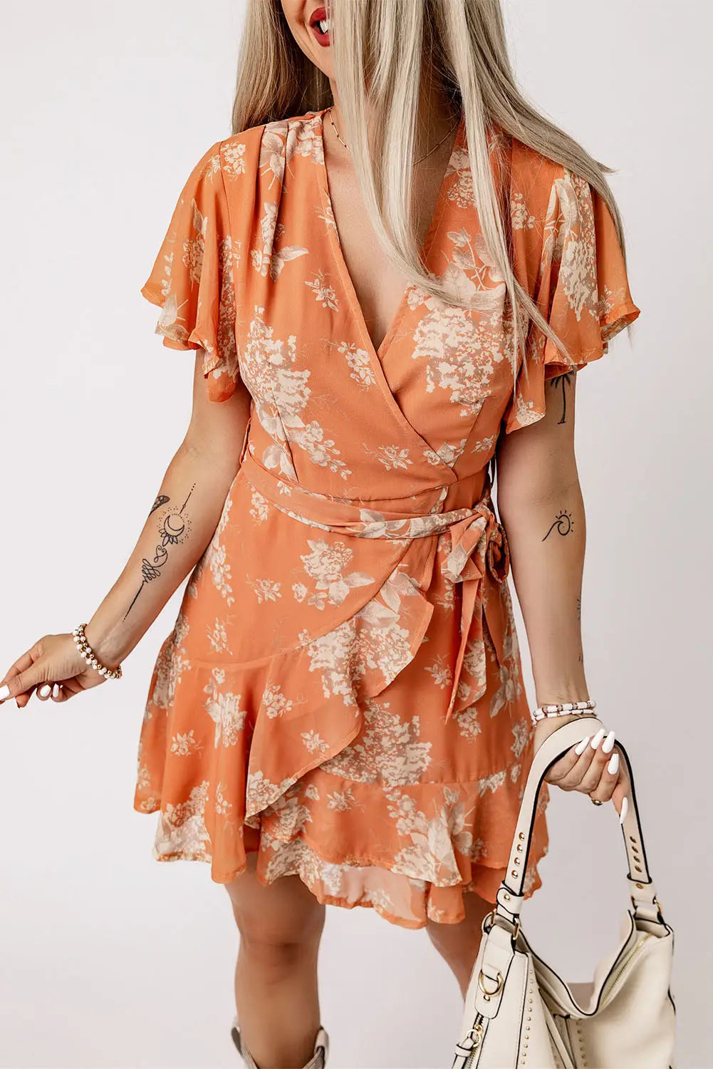 Orange Wrapped V Neck Flutter Sleeve Floral Dress with Ruffle-0