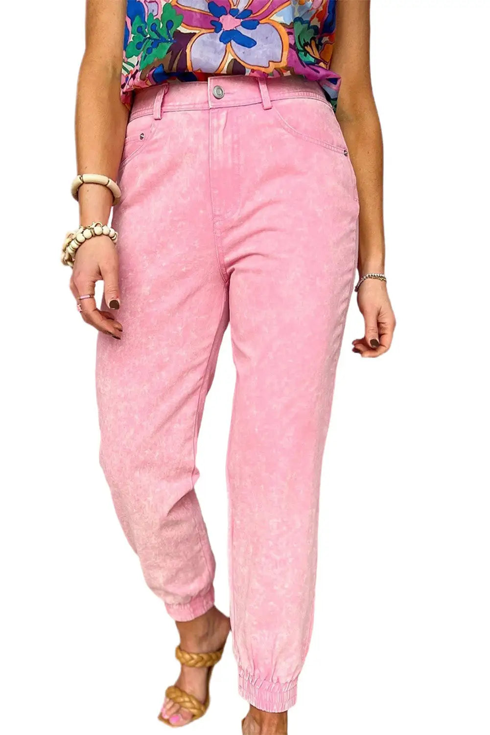 Pink Acid Wash Elastic Cuffed High Waist Jeans-7