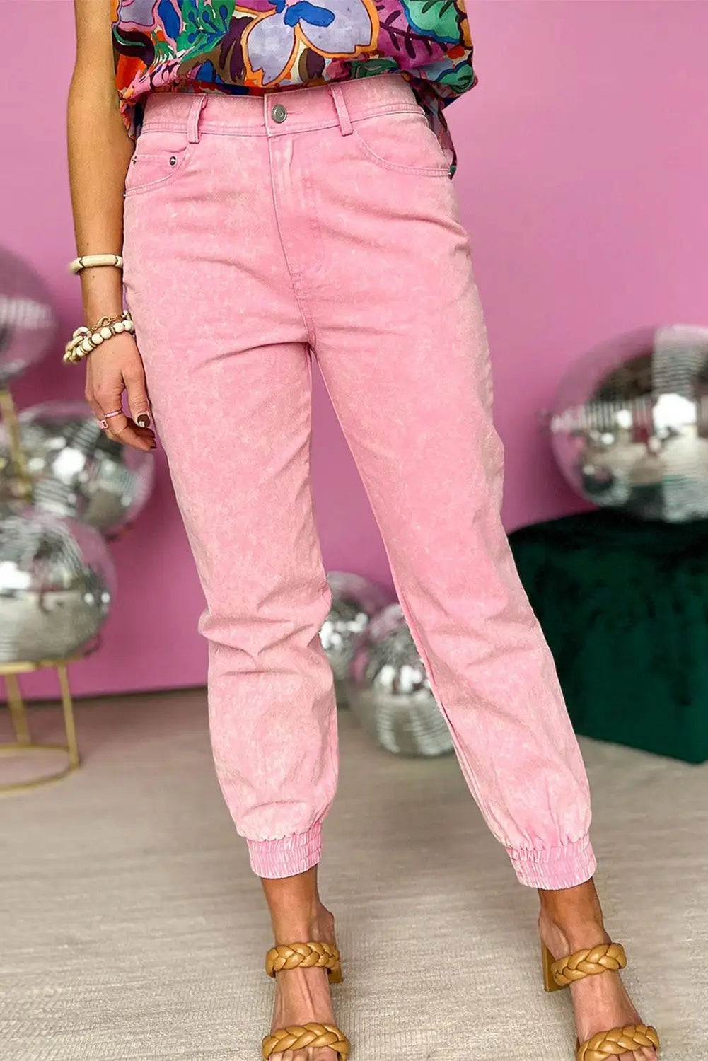 Pink Acid Wash Elastic Cuffed High Waist Jeans-6