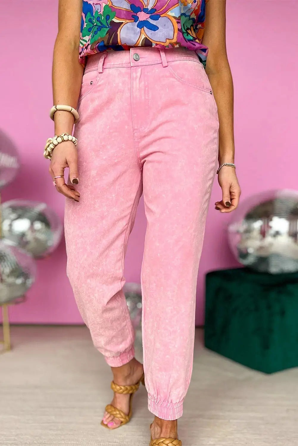 Pink Acid Wash Elastic Cuffed High Waist Jeans-5