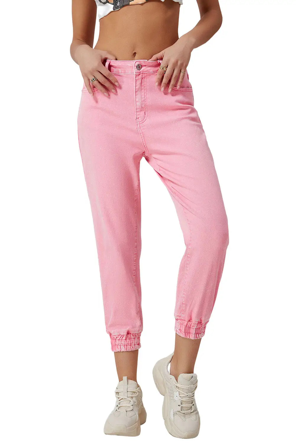Pink Acid Wash Elastic Cuffed High Waist Jeans-8