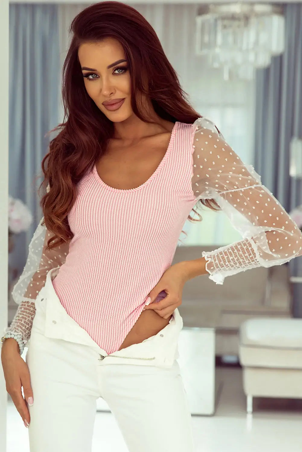 Pink Dotted Mesh Puff Sleeve Ribbed Bodysuit-0