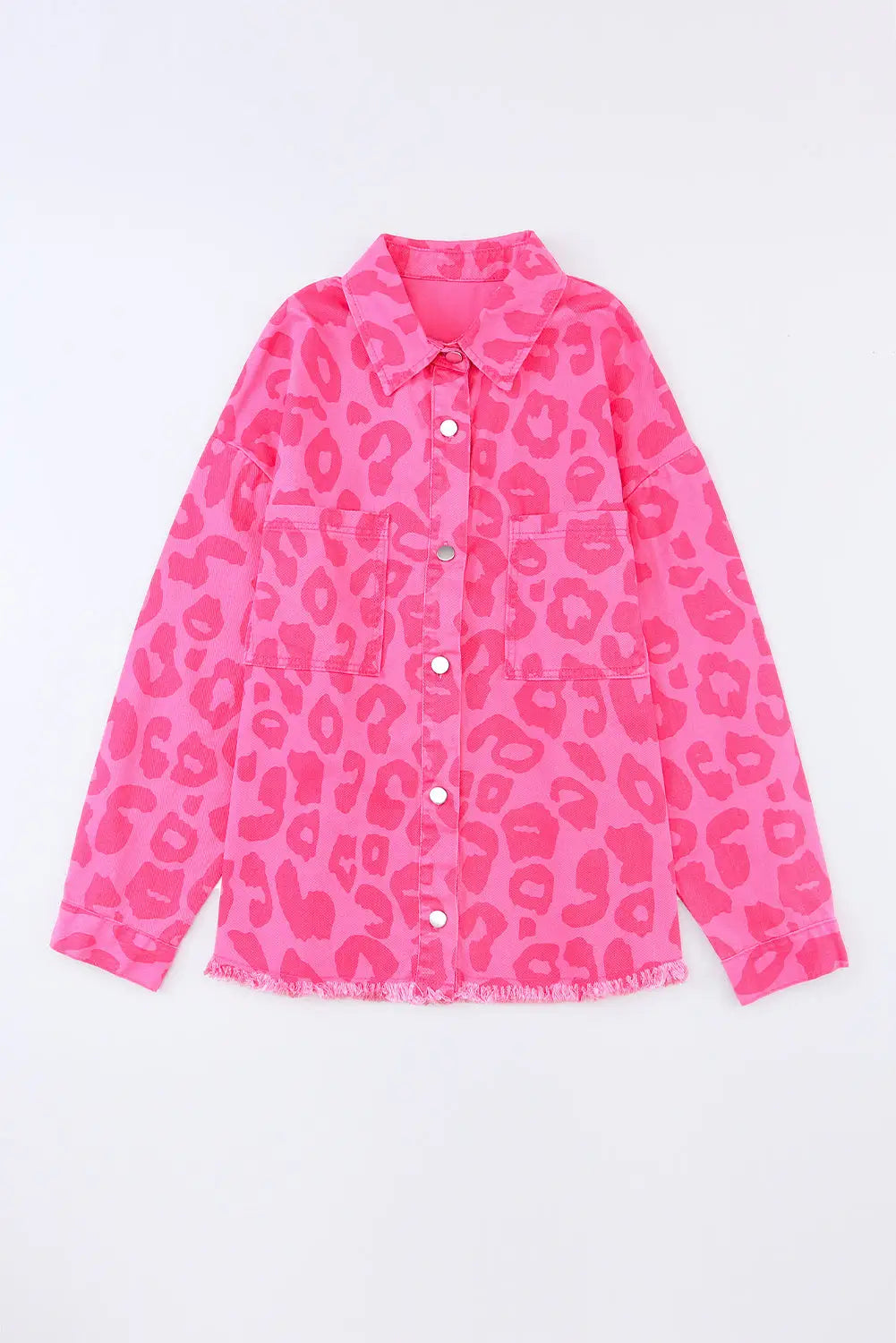 Pink Leopard Print Button Cuffs Raw Hem Jacket-13