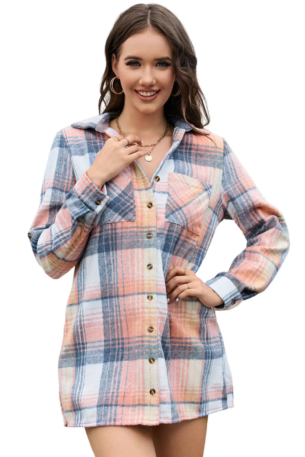 Pink Plaid Roll-tab Sleeve Side Slit Shirt Dress-12