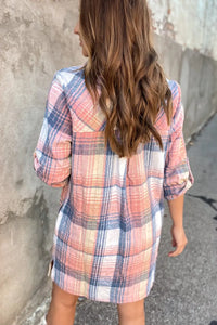 Thumbnail for Pink Plaid Roll-tab Sleeve Side Slit Shirt Dress-7