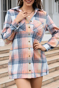 Thumbnail for Pink Plaid Roll-tab Sleeve Side Slit Shirt Dress-4