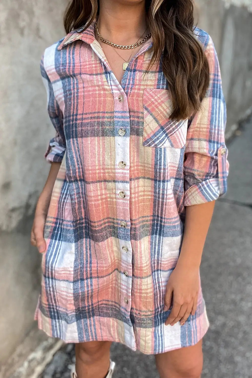 Pink Plaid Roll-tab Sleeve Side Slit Shirt Dress-10