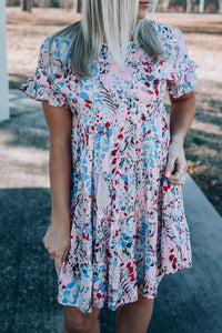 Thumbnail for Pink Short Sleeves Floral Print Tiered Ruffled Dress-6