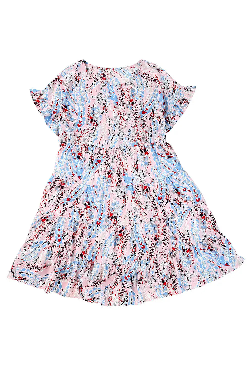 Pink Short Sleeves Floral Print Tiered Ruffled Dress-14