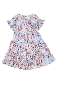 Thumbnail for Pink Short Sleeves Floral Print Tiered Ruffled Dress-14