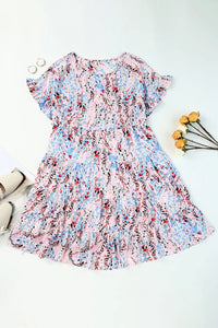 Thumbnail for Pink Short Sleeves Floral Print Tiered Ruffled Dress-7