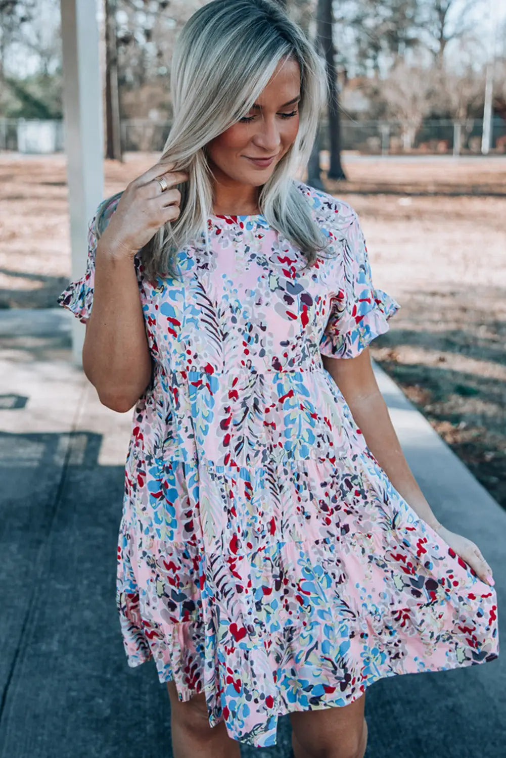 Pink Short Sleeves Floral Print Tiered Ruffled Dress-4
