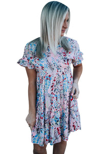 Thumbnail for Pink Short Sleeves Floral Print Tiered Ruffled Dress-15