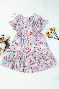 Thumbnail for Pink Short Sleeves Floral Print Tiered Ruffled Dress-8