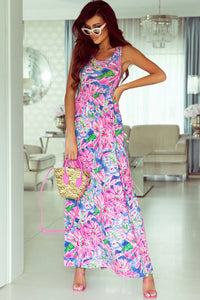 Thumbnail for Pink Sleeveless High Waist Pocketed Floral Maxi Dress-3