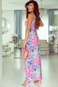 Thumbnail for Pink Sleeveless High Waist Pocketed Floral Maxi Dress-1