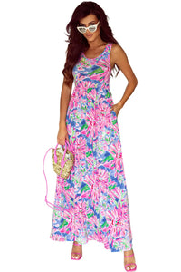 Thumbnail for Pink Sleeveless High Waist Pocketed Floral Maxi Dress-6