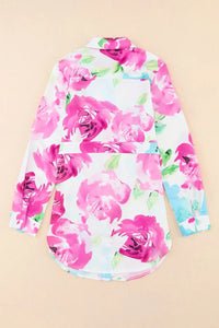 Thumbnail for Purple Floral Print Lace-up Roll Tab Sleeve Tunic Shirt-7