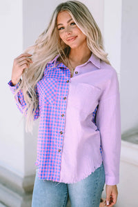 Thumbnail for Purple Mixed Plaid Button Down Long Sleeve Chest Pocket Shirt-0